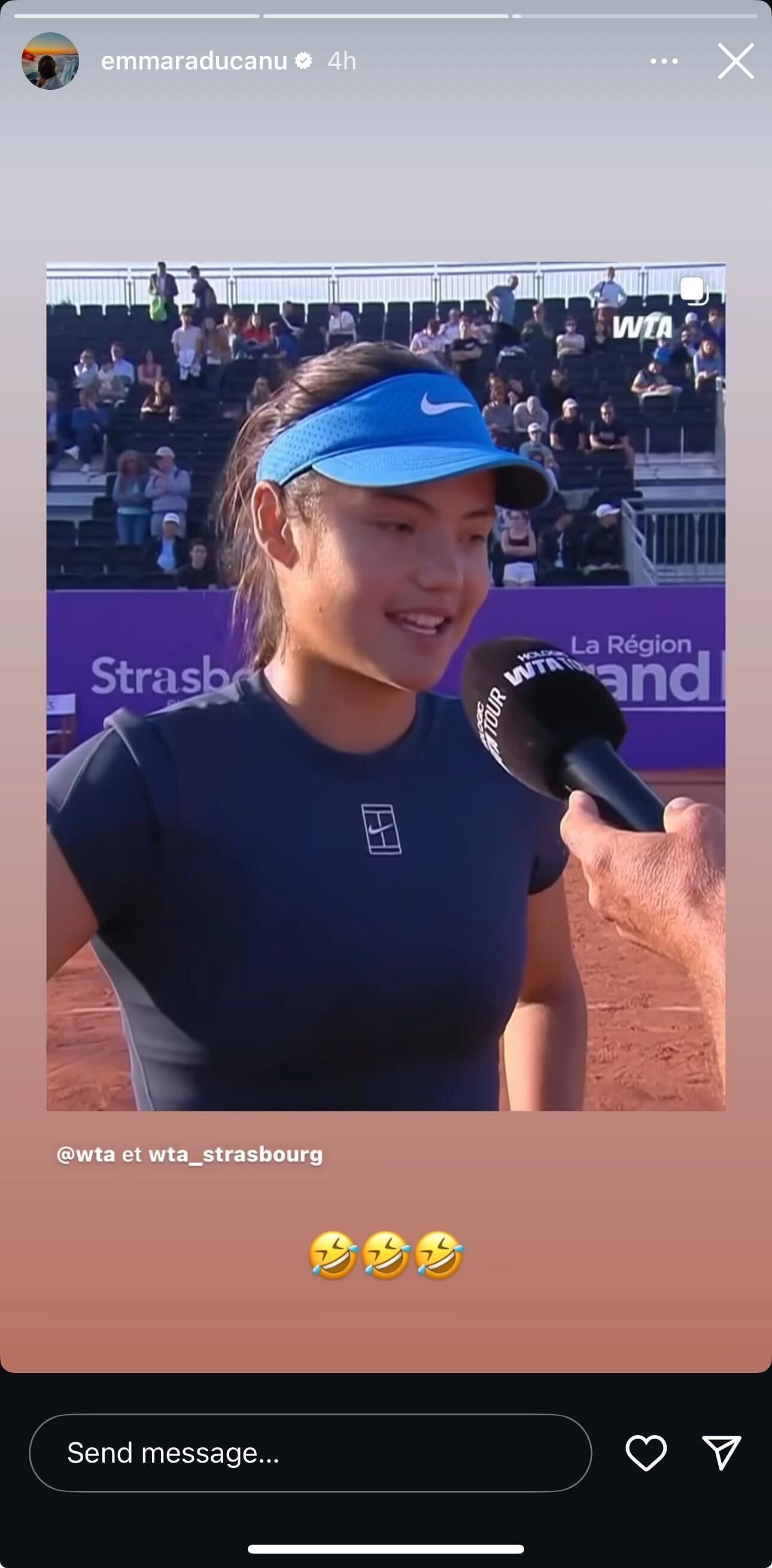 Raducanu's amused reaction on Instagram to her 'relationship with clay' answer after her first-round win in Strasbourg (Source: Instagram/emmaraducanu)